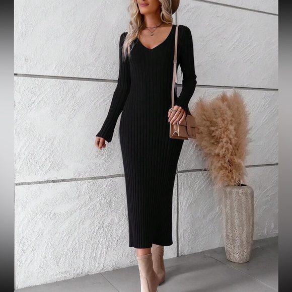 Classic Ribbed Knit Fitted V Neck Long Sleeve Dress Burgundy - Picture 7 of 16